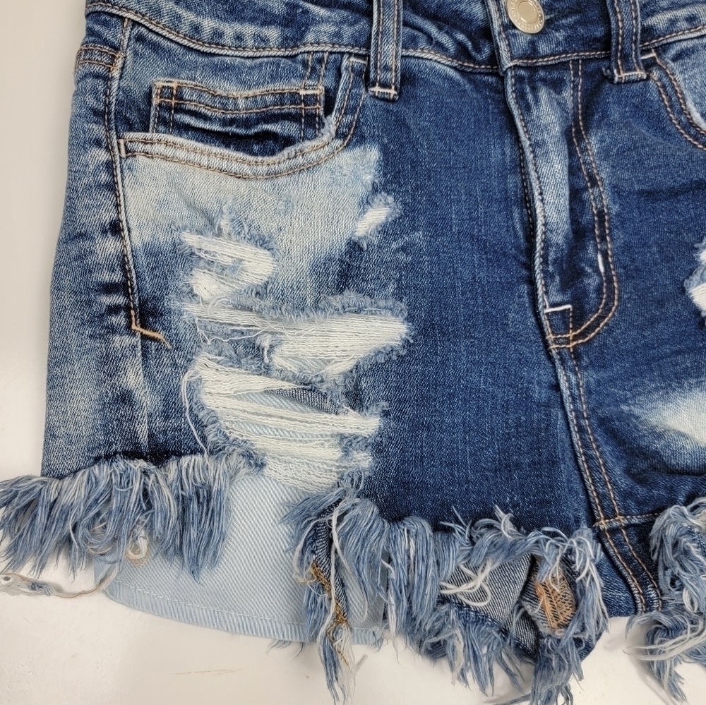 America Eagle Hi Rise Shortie Distressed Denim Shorts 4 - Picture 3 of 6